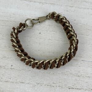 Gold Tone Chunky Chain Link Bracelet Brown Braided Faux Leather Cord Edgy NWOT